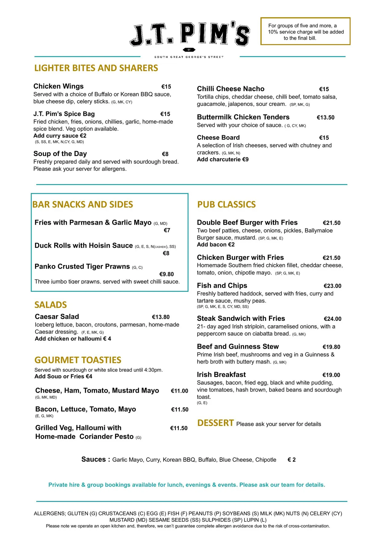 J.T. Pim's menu, page 1