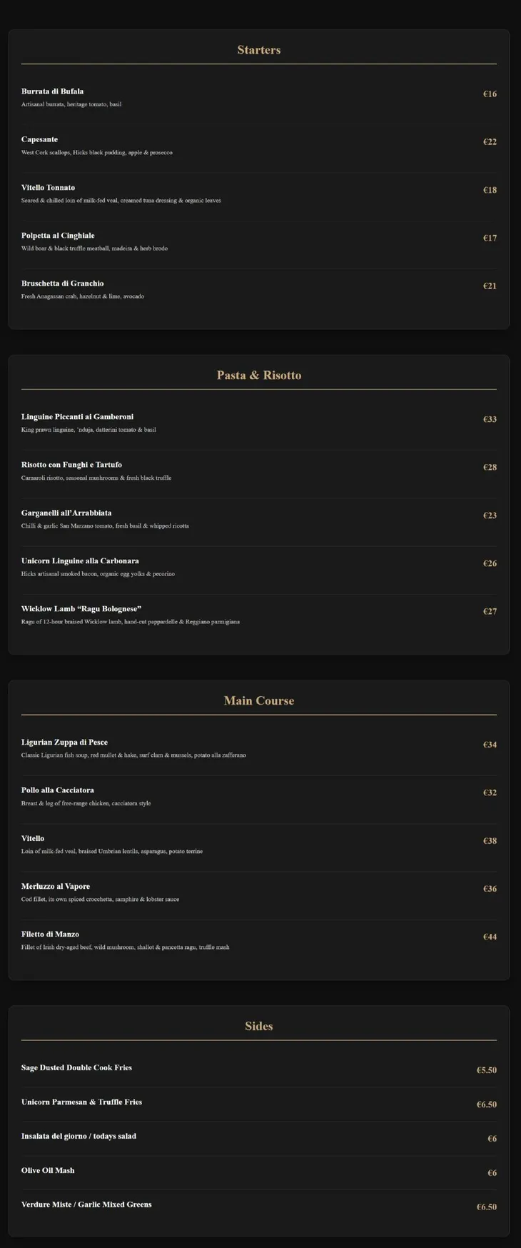 Unicorn Restaurant menu, page 1