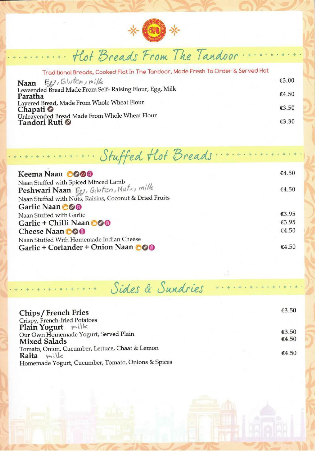 Spice of India menu, page 6