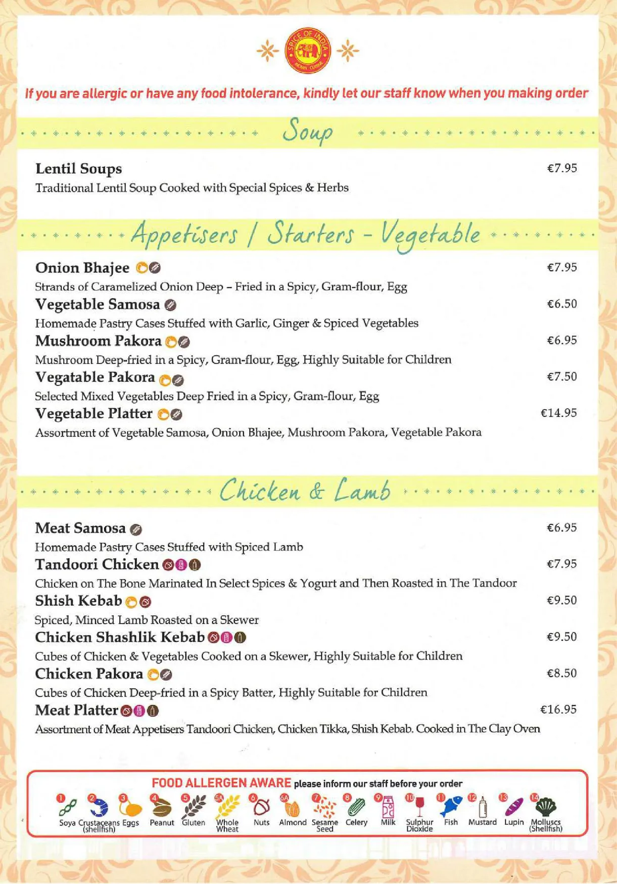 Spice of India Clonsilla menu, page 1