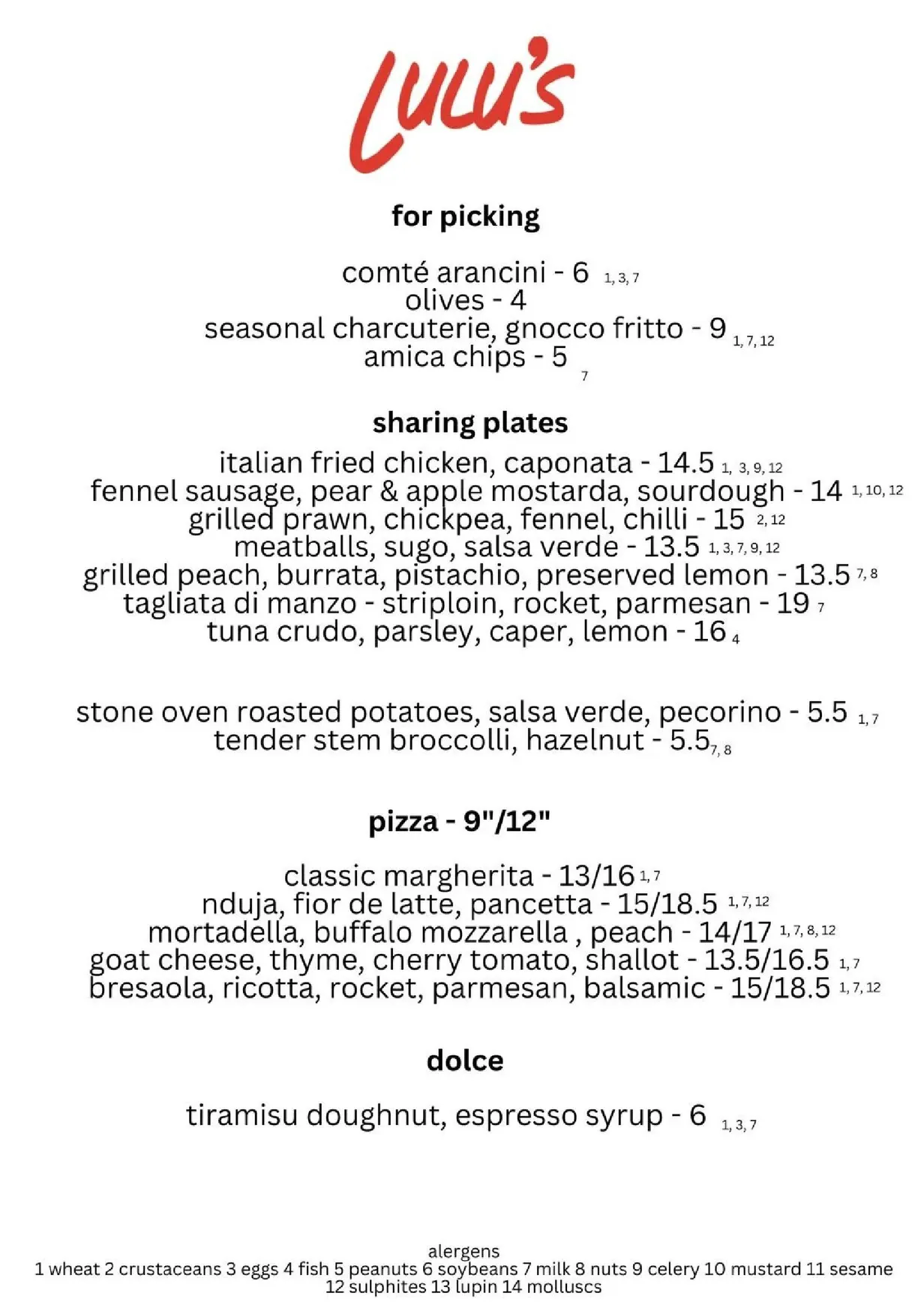 Lulu's menu, page 1