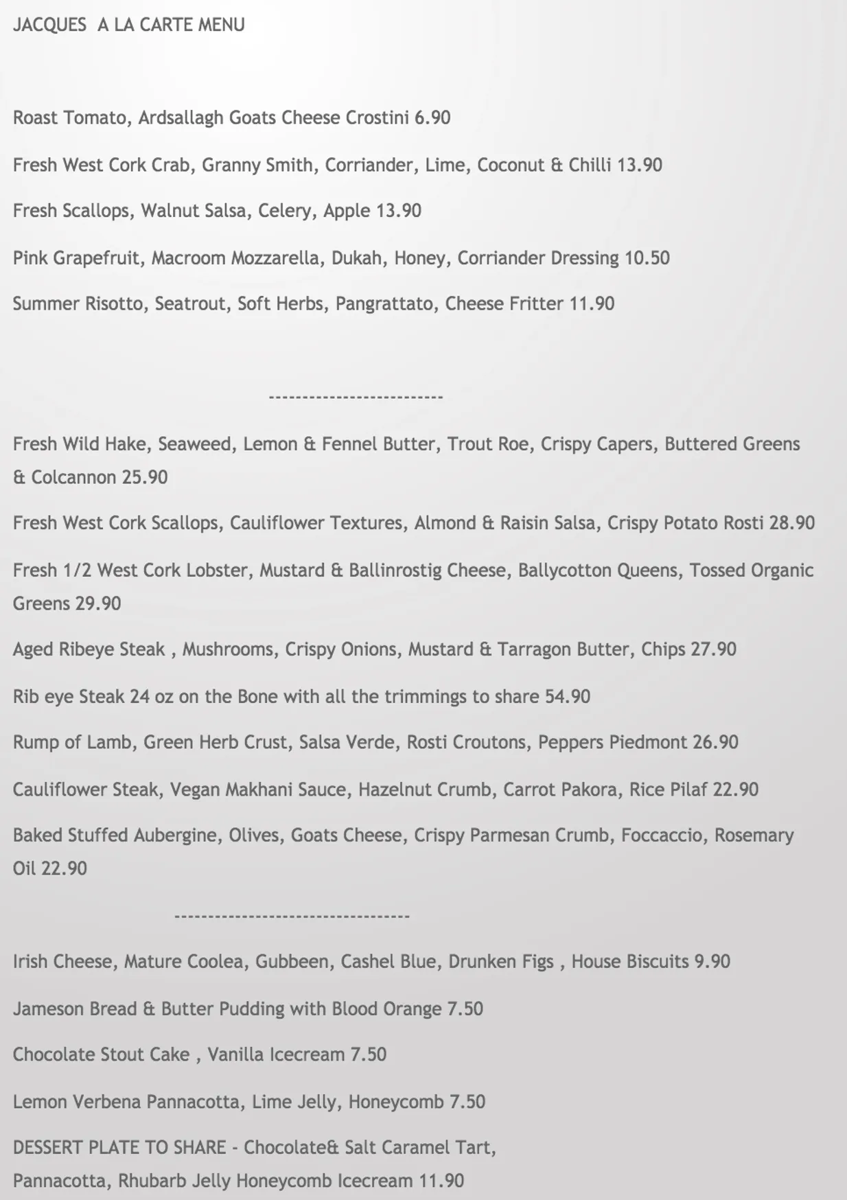 Jacques Restaurant menu, page 1