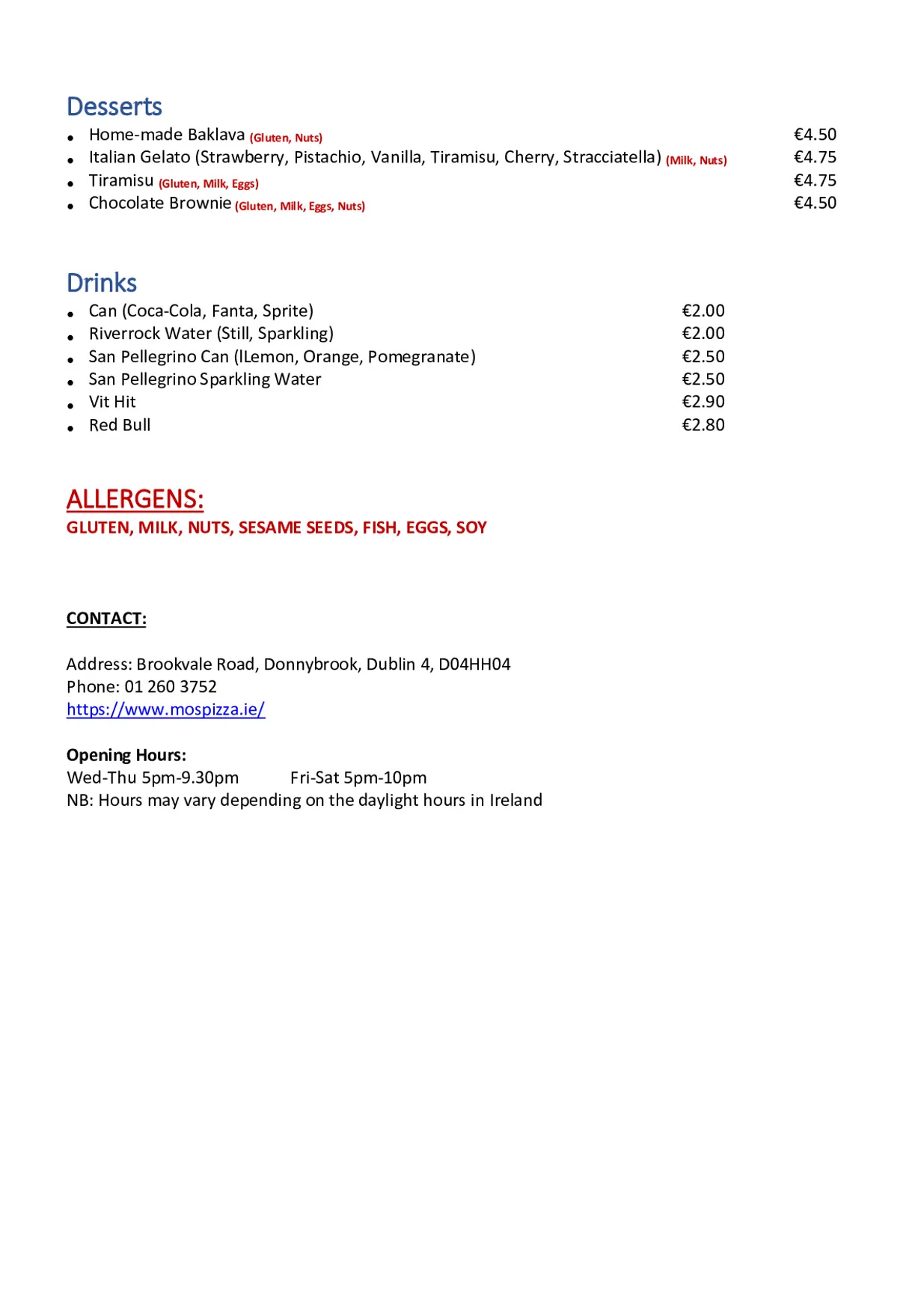 Mo's Pizza menu, page 2