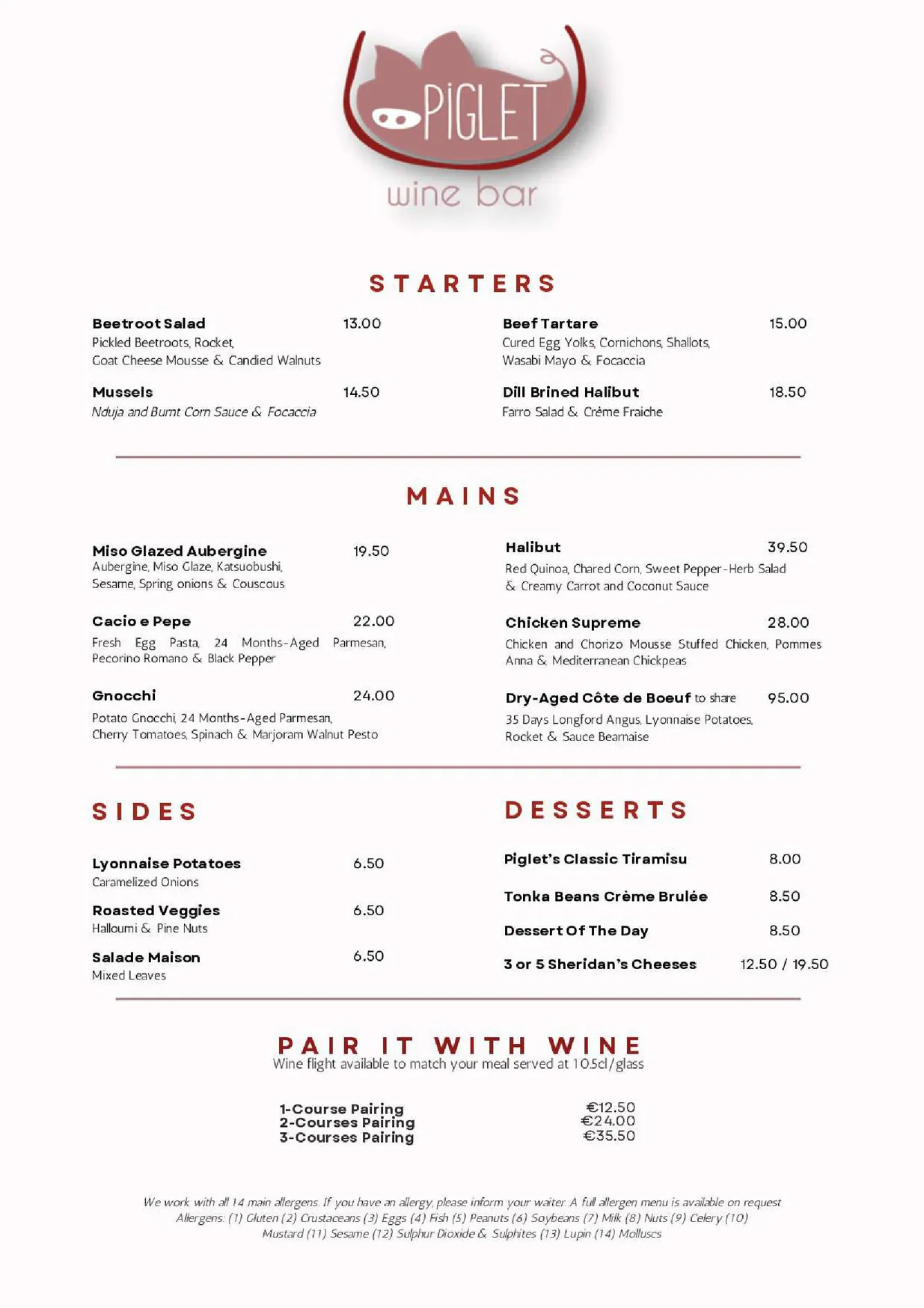 Piglet Wine Bar menu, page 1