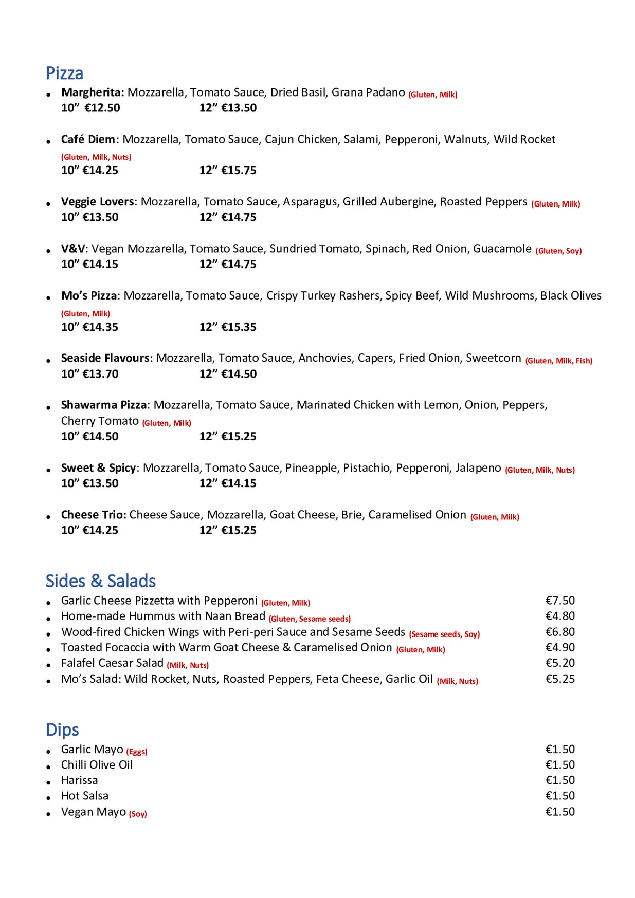 Mo's Pizza menu, page 1