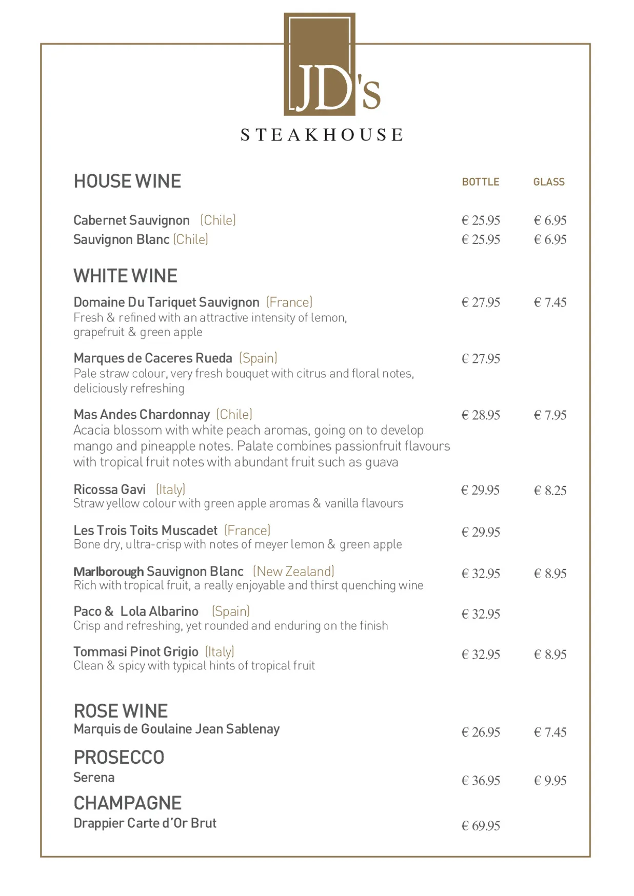 JD's Steakhouse menu, page 5