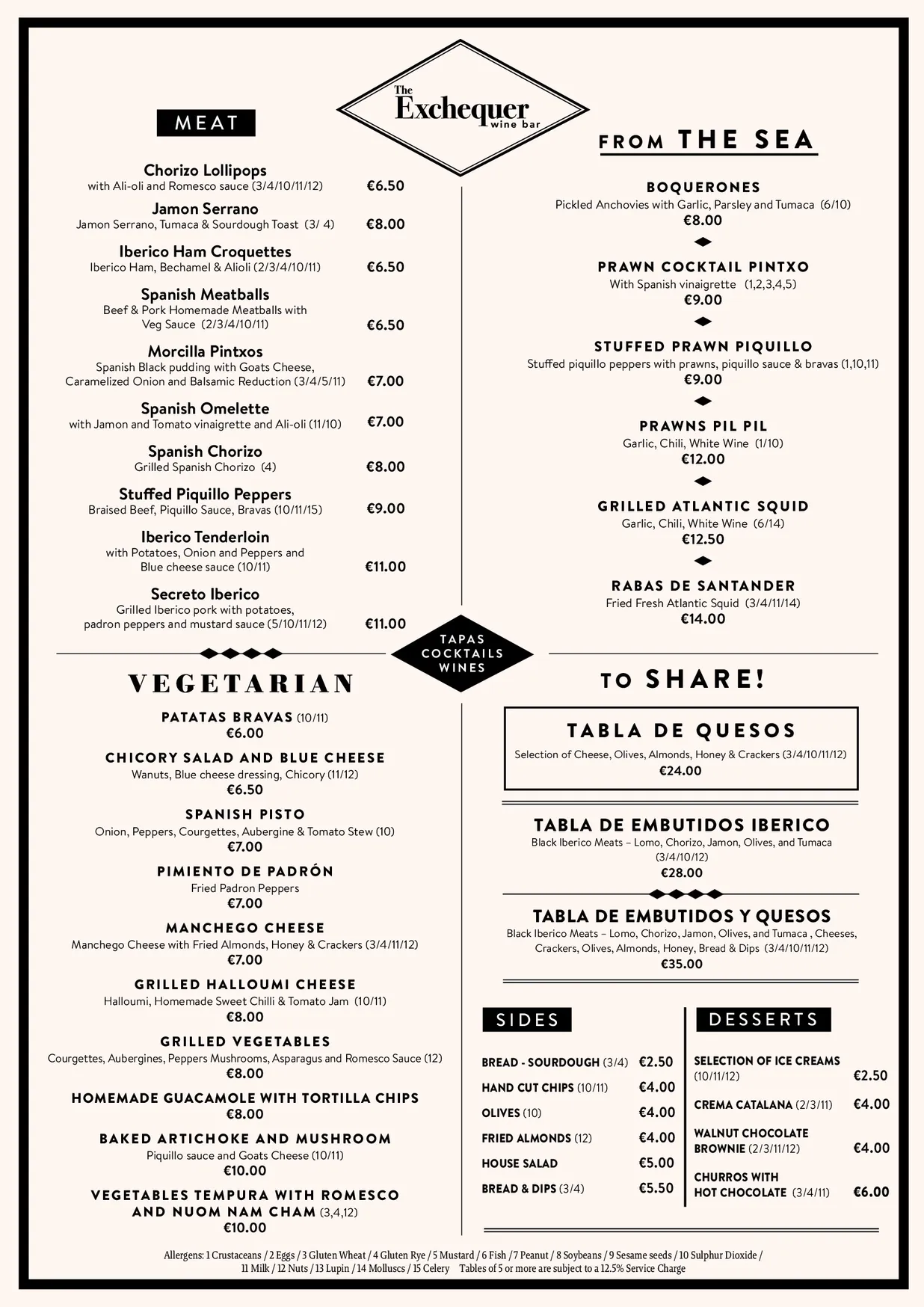 The Exchequer Ranelagh menu, page 1