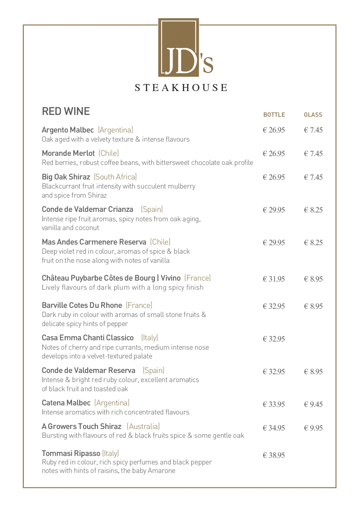 JD's Steakhouse menu, page 4