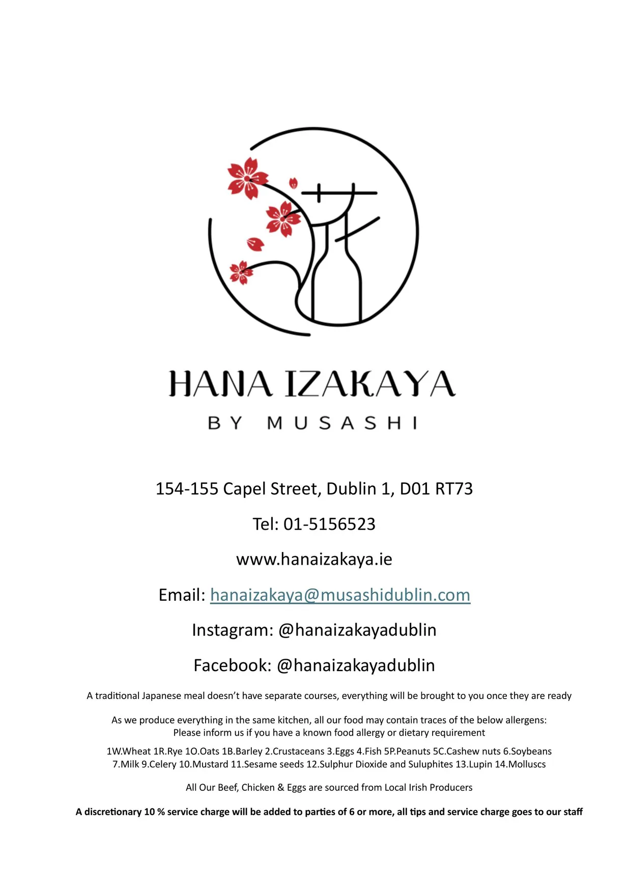 Hana Izakaya menu, page 1