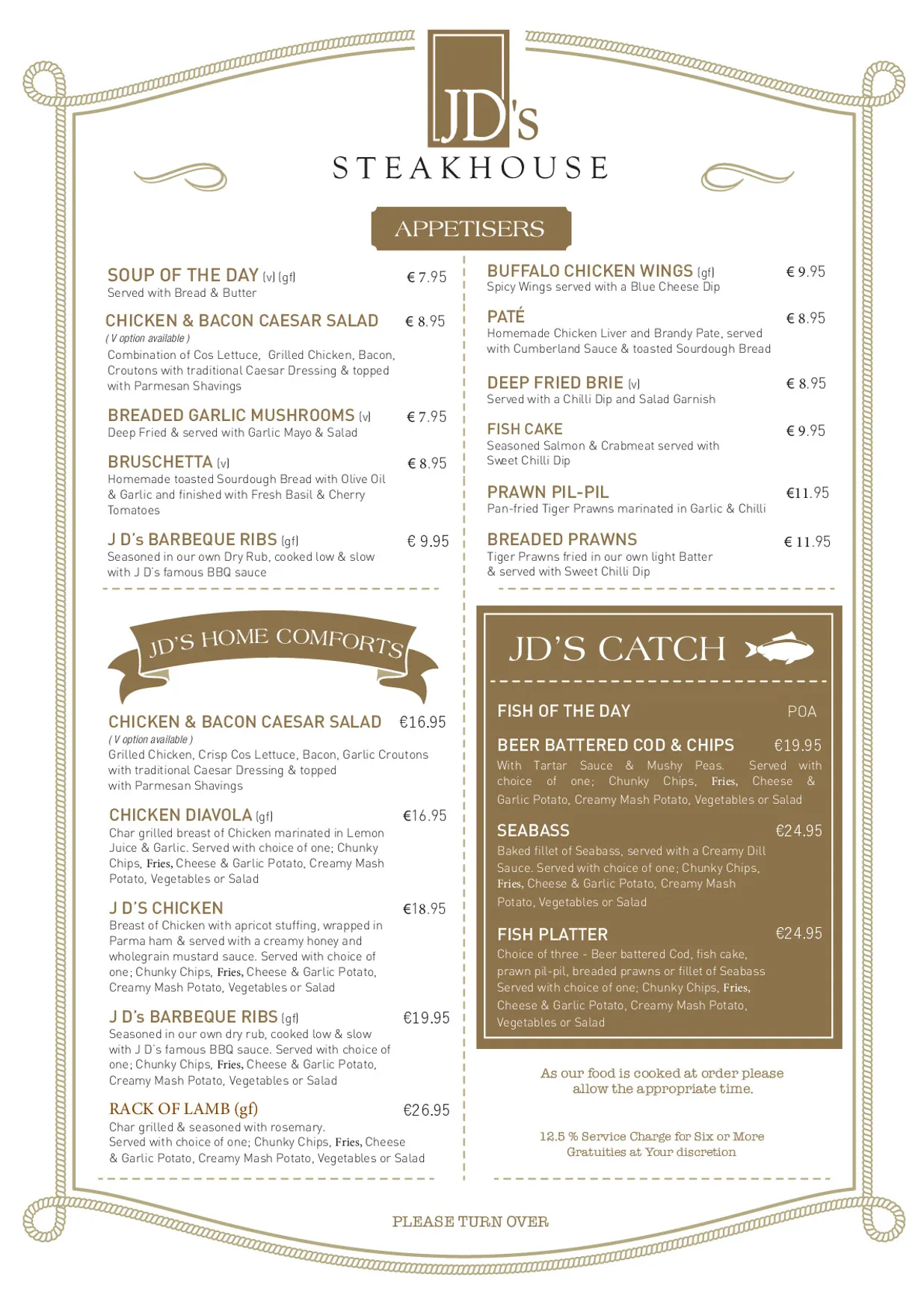 JD's Steakhouse menu, page 1