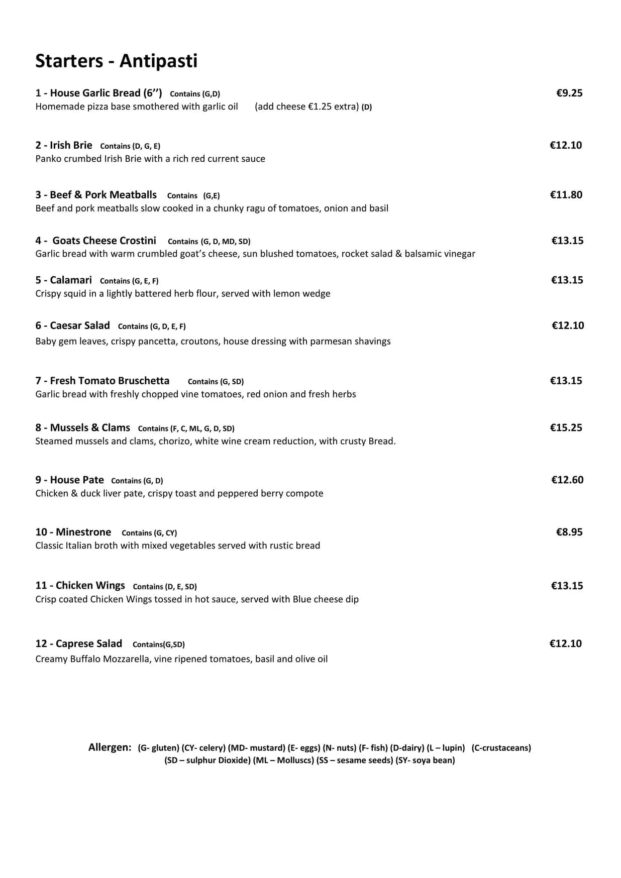Il Corvo menu, page 1