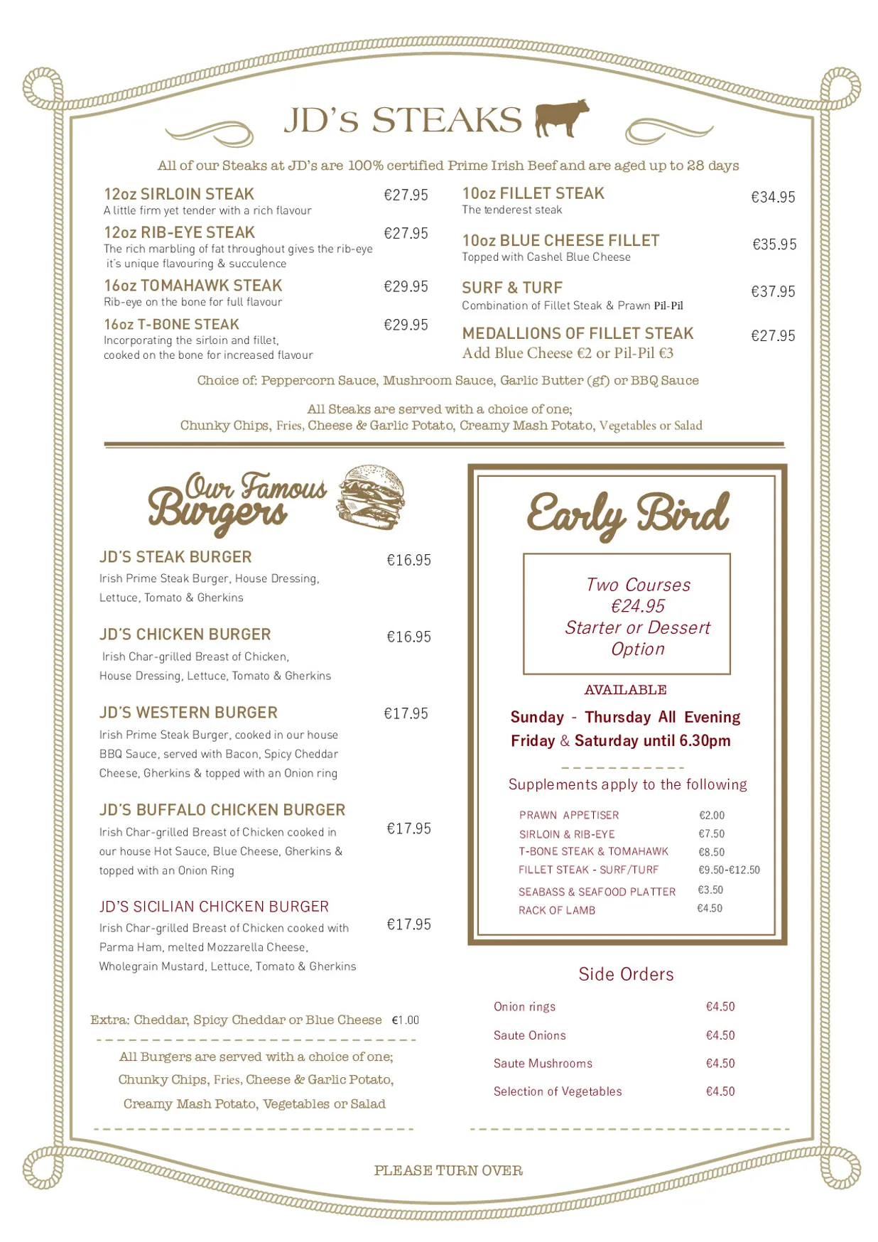 JD's Steakhouse menu, page 2