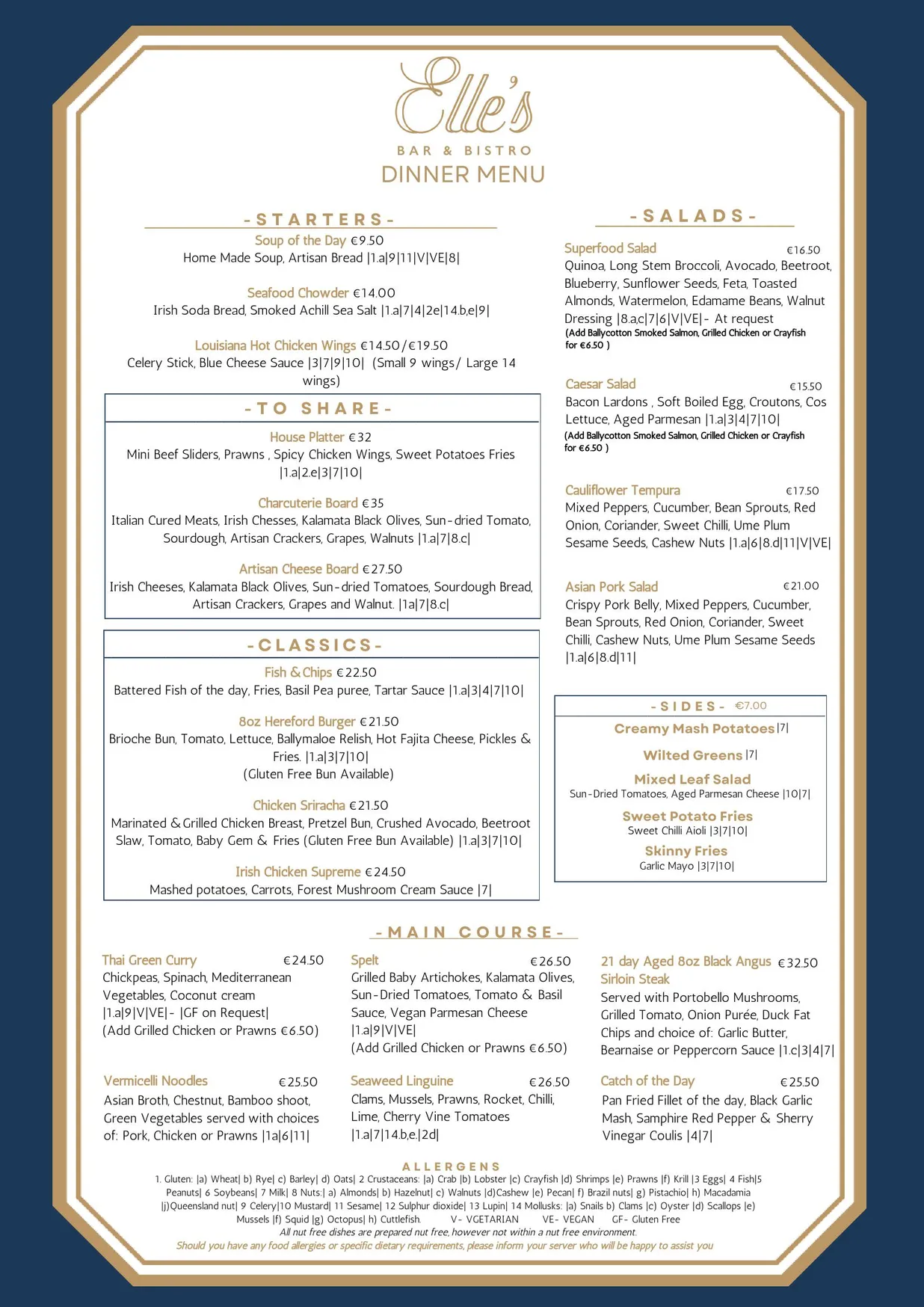 Elle's Bistro menu, page 1