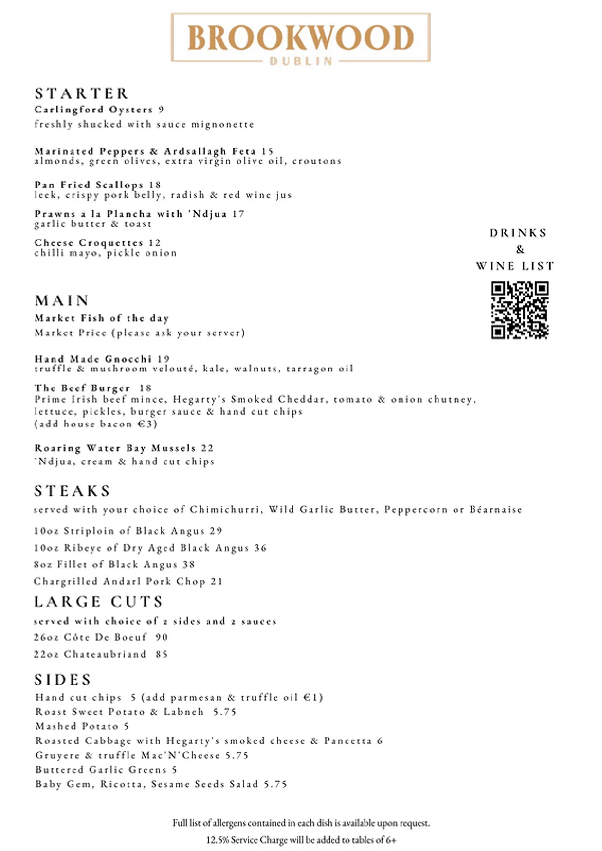 Brookwood menu, page 1