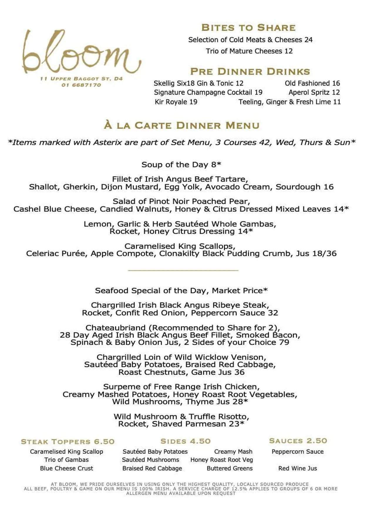 Bloom Brasserie menu, page 1
