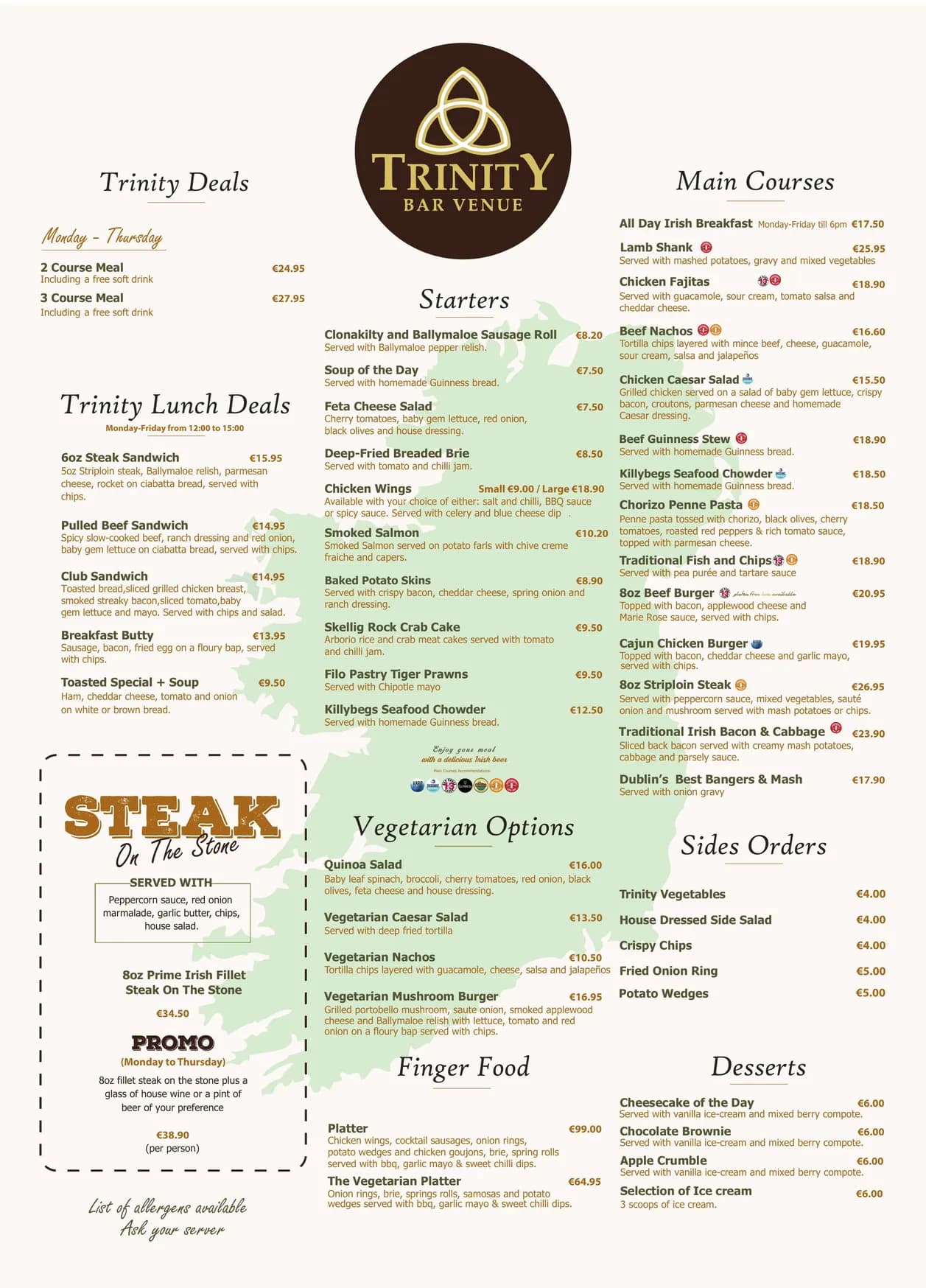Trinity Bar menu, page 1