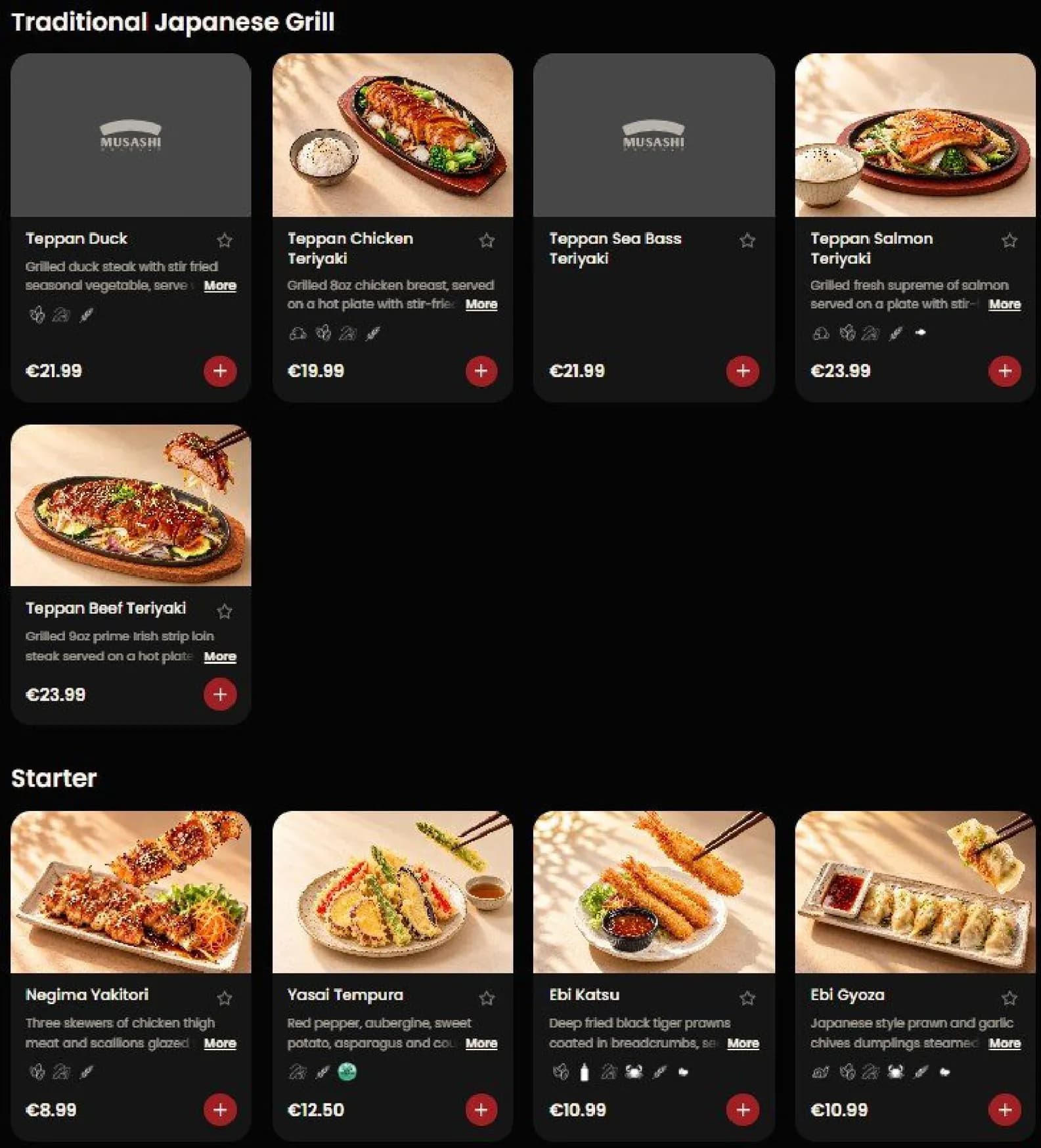 Musashi menu, page 1