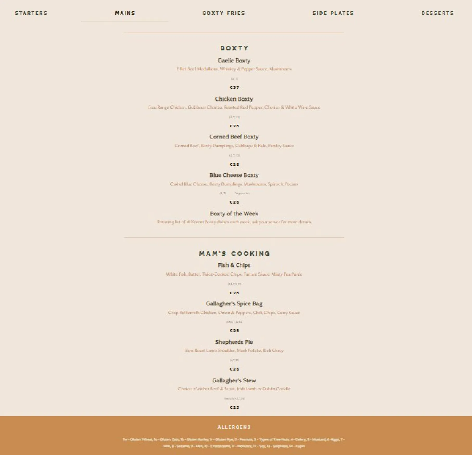 The Boxty House menu, page 2