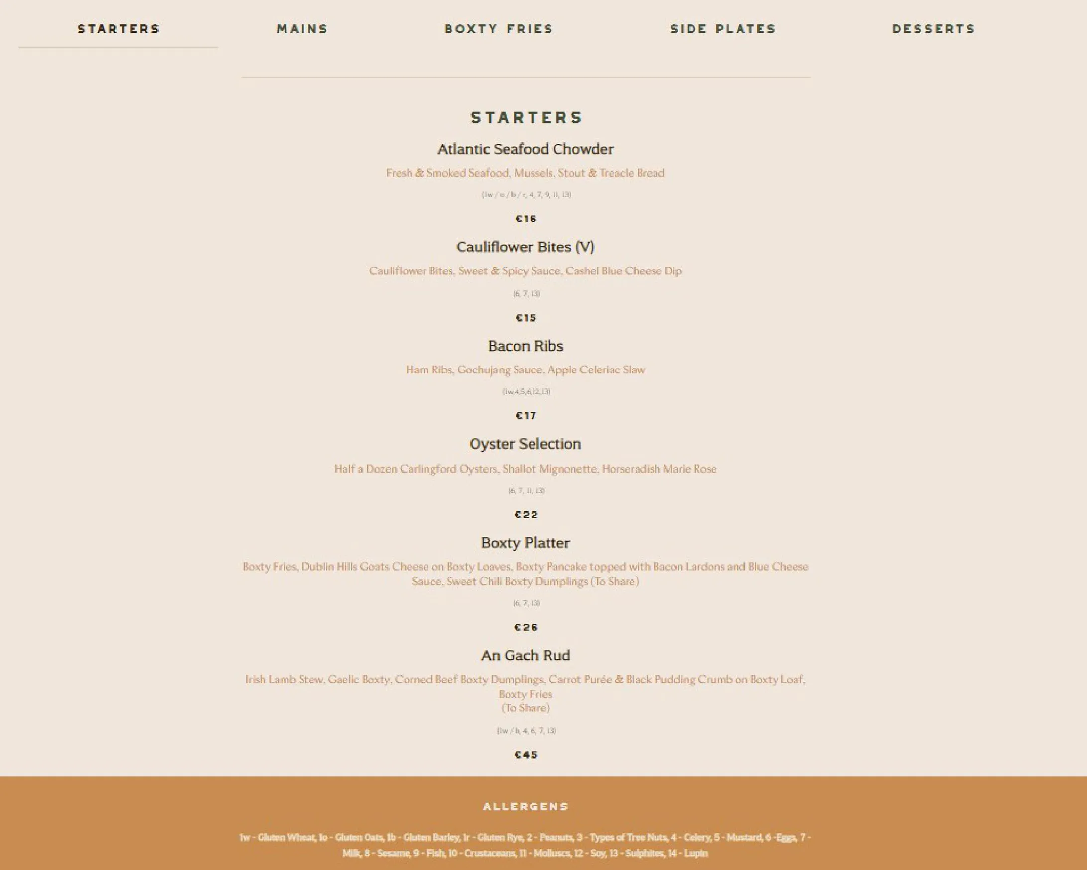 The Boxty House menu, page 1