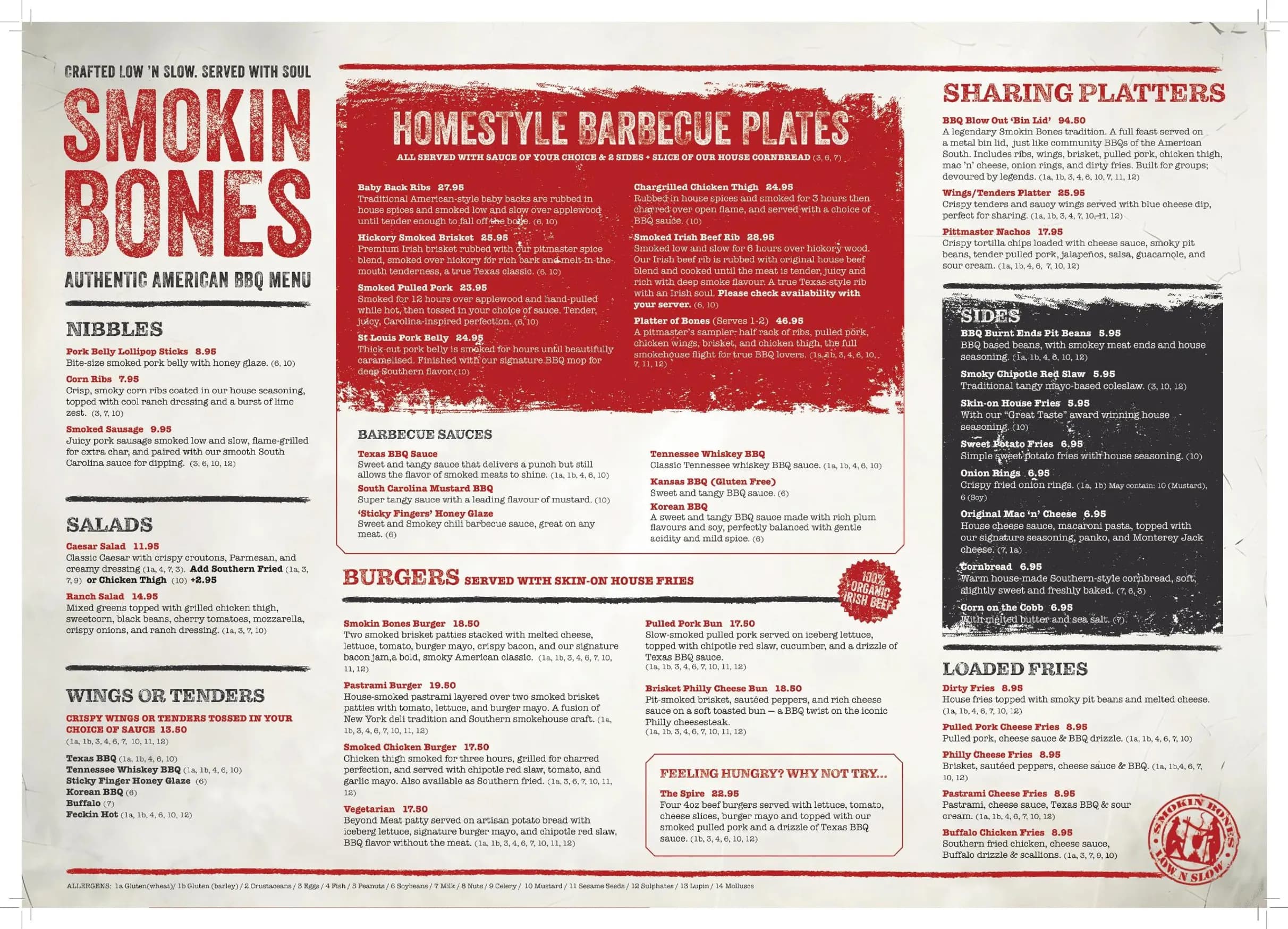 Smokin Bones menu, page 1