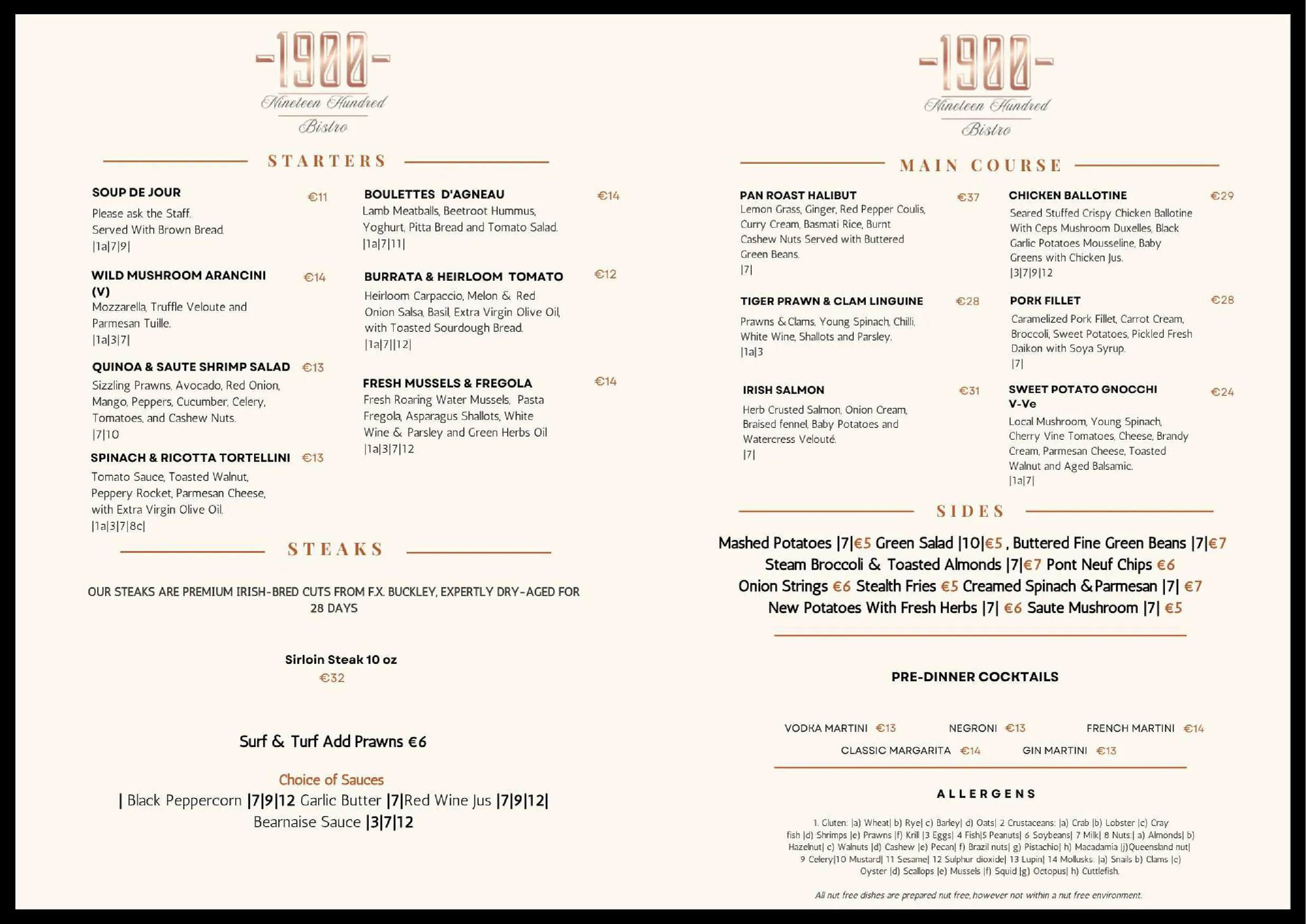 1900 Bistro menu, page 1