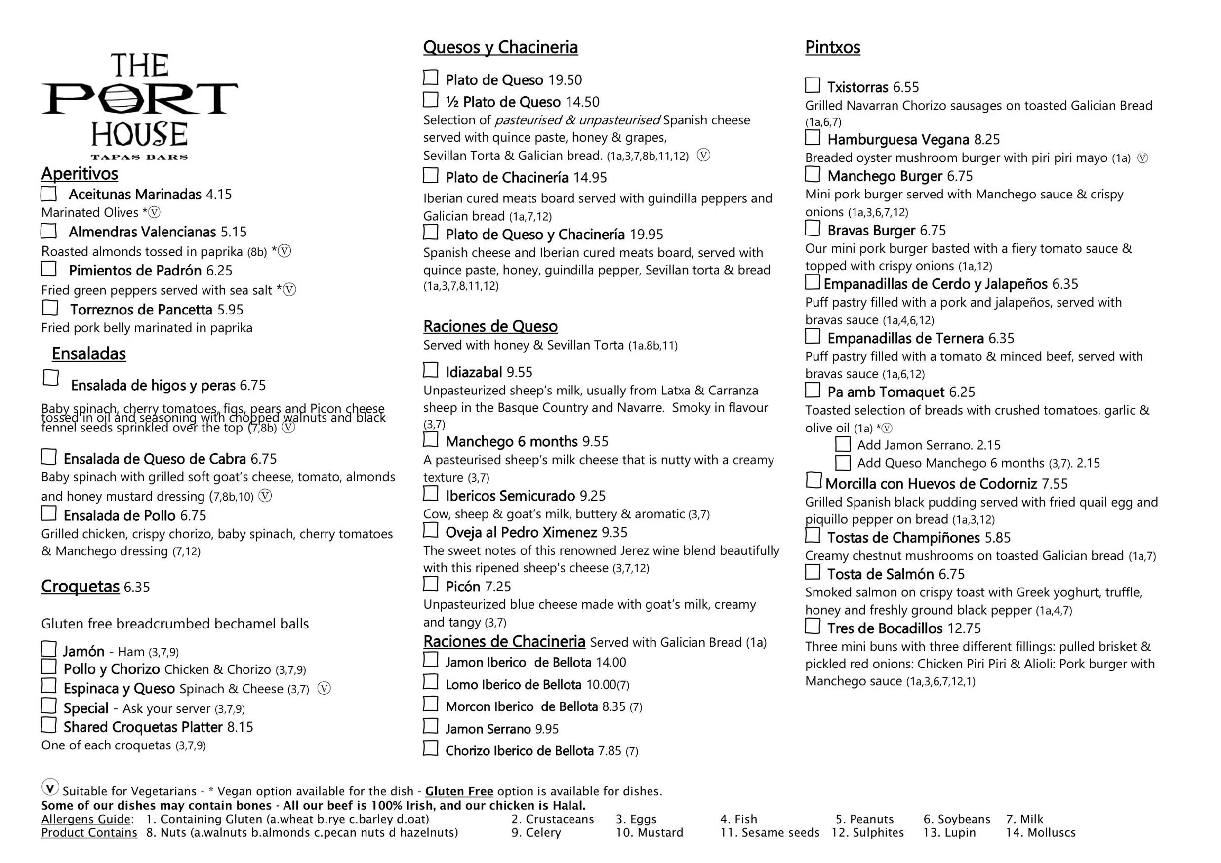 Port House Pintxo menu, page 1