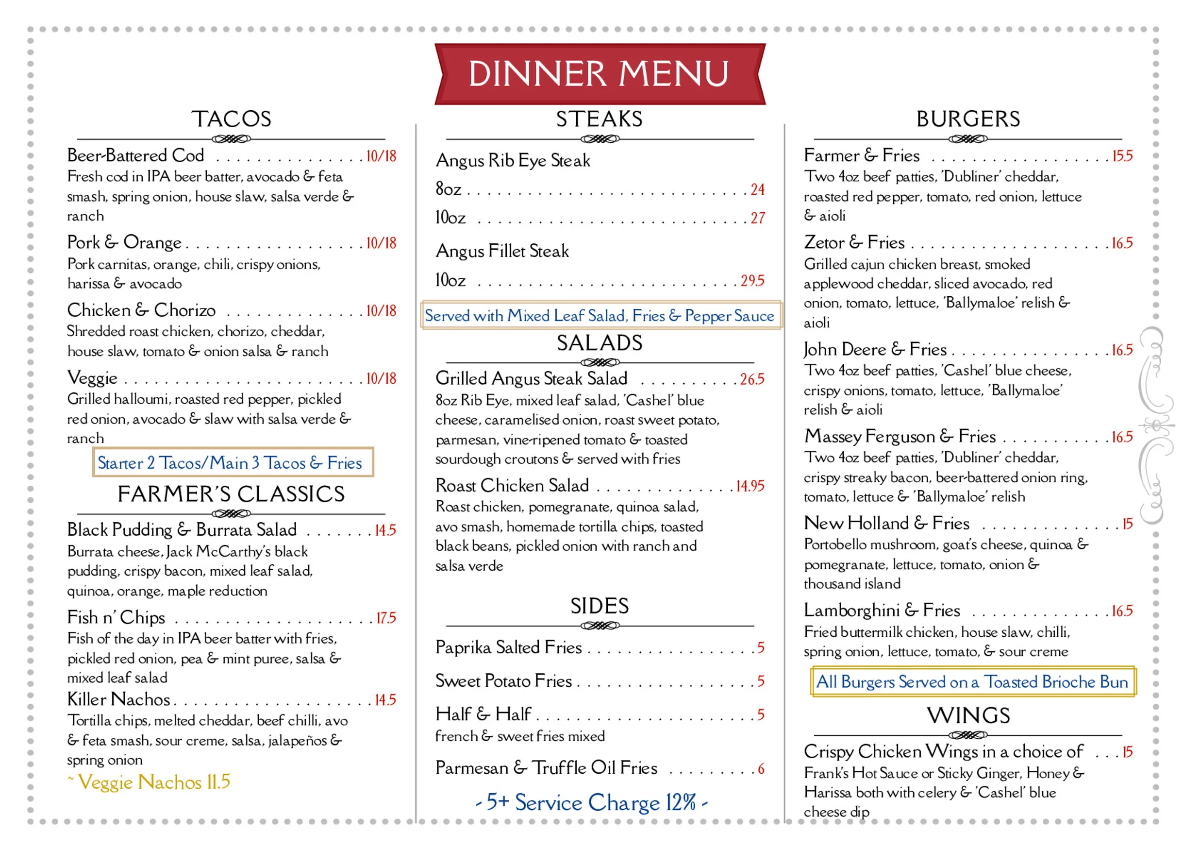 Farmer Browns Bath Avenue menu, page 1