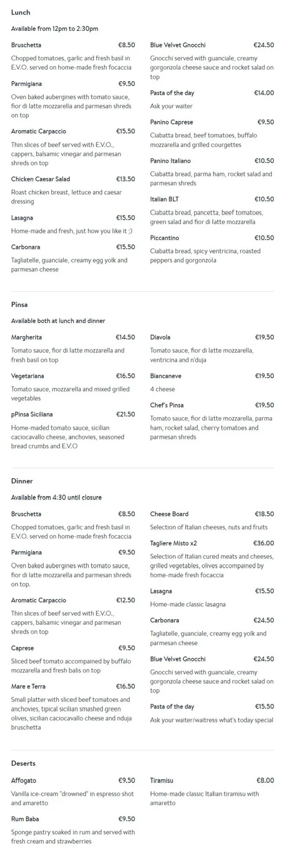 Pause Café menu, page 1